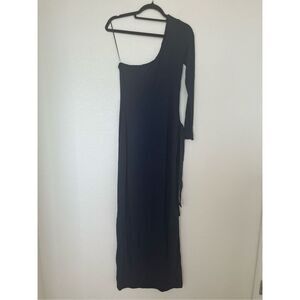 Naked Wardrobe Navy One Shoulder Midi Dress Long Sleeve Side Tie Bodycon XS NEW